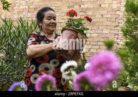 (190828) -- KASHGAR, agosto 28, 2019 -- Salima Sultan controlla la crescita dei fiori in casa nel villaggio di Qianjin a Kashgar, regione autonoma di Xinjiang Uygur della Cina nord-occidentale, 18 agosto 2019. Abitazioni circondate da una fioritura profumata in profusione, case ben organizzate e vicoli dall'aspetto pulito, alberi vari che fiancheggiano le strade dove i bambini si divertono, la scena pastorale può essere vista ovunque nel villaggio di Qianjin. La bellezza idilliaca del villaggio di Qianjin deriva dalla sua fioritura economica, in cui Salima Sultan è un pioniere. Salima, un abitante di 60 anni, sviluppò la passione Foto Stock