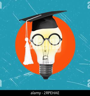 Art Collage: Cappello da studente e occhiali su una lampadina che rappresenta un'idea luminosa. Concetto di persona intelligente Foto Stock