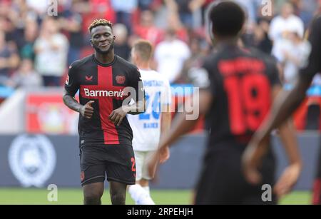 Leverkusen, Deutschland. 2 settembre 2023. Firo : 02.09.2023 1.Bundesliga prima divisione stagione 2023/24 Bayer 04 Leverkusen -Darmstadt 98 Victor Boniface jubilation Bayer credito: dpa/Alamy Live News Foto Stock