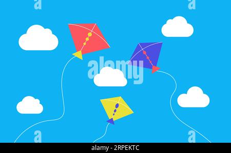 Aquiloni volanti sullo sfondo delle nuvole di cielo Illustrazione Vettoriale