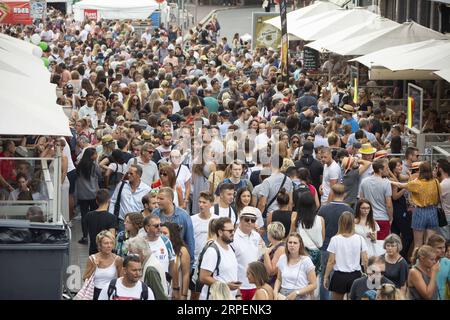 (190901) -- LILLE (FRANCIA), 1 settembre 2019 (Xinhua) -- le persone visitano l'annuale Lille Braderie a Lille, Francia settentrionale, il 31 agosto 2019. Il mercato delle pulci di Lille Braderie si è tenuto dal 31 agosto al 1 settembre. Essendo uno dei mercati delle pulci più grandi d'Europa, l'evento di quest'anno ha attirato circa 2,5 milioni di visitatori. (Foto di Sebastien Courdji/Xinhua) FRANCE-LILLE-FLEA MARKET PUBLICATIONxNOTxINxCHN Foto Stock