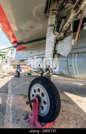 English Electric Lightning F6 in mostra all'aperto presso il museo di storia RAF Manston nel Kent. Dettaglio del carro principale sotto l'aletta. Foto Stock