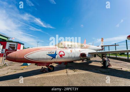 Vista laterale frontale ad angolo basso di un jet da addestramento polacco PZL Mielec TS-11 Iskra fuori servizio presso il museo di storia RAF Manston. Cielo azzurro e soleggiato. Foto Stock