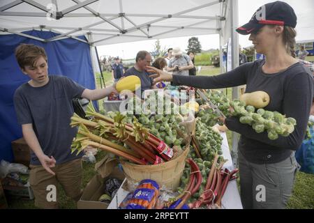 (190907) -- DELTA (CANADA), 7 settembre 2019 (Xinhua) -- Un visitatore fa acquisti per alcune verdure fresche durante il giorno alla fiera agricola Farm a Westham Island Herb Farm a Delta, Canada, il 7 settembre 2019. Sabato è iniziata la giornata annuale della fiera agricola agricola, con diverse attività agricole interattive per educare le comunità sulla natura e l'importanza dell'agricoltura e dei servizi ambientali non di mercato. (Foto di Liang Sen/Xinhua) CANADA-DELTA- GIORNATA ALLA FIERA AGRICOLA PUBLICATIONxNOTxINxCHN Foto Stock