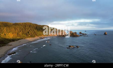 Foto aerea con drone di Lone Ranch Beach nel Samuel H. Boardman Scenic Corridor sulla costa dell'Oregon. Foto Stock