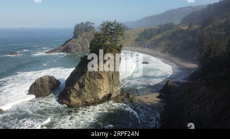 Foto aerea con drone di pile marine nel Samuel H. Boardman Scenic Corridor sulla costa dell'Oregon. Foto Stock