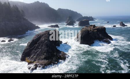 Foto aerea con drone di pile marine nel Samuel H. Boardman Scenic Corridor sulla costa dell'Oregon. Foto Stock