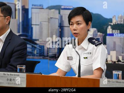 (190910) -- HONG KONG, 10 settembre 2019 -- Yu Hoi-kwan, sovrintendente senior della Hong Kong Police Public Relations Branch, parla durante una conferenza stampa nella Cina meridionale a Hong Kong, 10 settembre 2019. Martedì la polizia di Hong Kong ha condannato fermamente l'atto di diffondere voci malevole sull'incidente avvenuto alla fine di agosto. PER ANDARE CON 1st LD Writethru: La polizia di Hong Kong condanna le voci sulla morte in incidente il 31 agosto ) CHINA-HONG KONG-CONFERENZA STAMPA-RUMORS (CN) MaoxSiqian PUBLICATIONxNOTxINxCHN Foto Stock