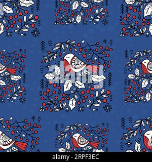 Motivo senza cuciture per l'arte folk natalizia. Uccello carino su holly Branch su sfondo blu. Illustrazione vettoriale. Natale, design tradizionale ripetitivo in stile colorato l Illustrazione Vettoriale