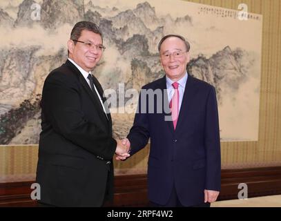 (190912) -- PECHINO, 12 settembre 2019 -- il vicepresidente cinese Wang Qishan (R) incontra il ministro degli Esteri malese Saifuddin Abdullah a Pechino, capitale della Cina, 12 settembre 2019. ) CHINA-BEIJING-WANG QISHAN-MALAYSIAN FM-MEETING (CN) DINGXLIN PUBLICATIONXNOTXINXCHN Foto Stock