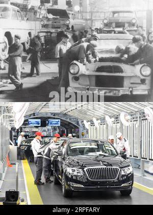 190919 -- PECHINO, 19 settembre 2019 -- Top: Foto scattata nel 1958 mostra l'ex China FAW Group Corporation a Changchun, nella provincia di Jilin della Cina nord-orientale. La prima auto del marchio iconico Hongqi, o bandiera rossa, è stata prodotta qui nel 1958. In basso: Foto scattata il 9 aprile 2019 dai tecnici che controllano le auto Hongqi presso lo stabilimento di assemblaggio del gruppo FAW a Changchun. Oltre sei decenni fa, la Cina ha fondato il suo primo produttore di automobili nella città industriale nord-orientale di Changchun mentre il paese ha iniziato a rafforzare la sua economia e ha presentato la prima autovettura nazionale prodotta nel 1958 Foto Stock