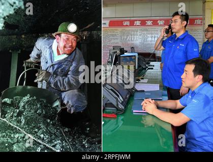 190926 -- PECHINO, 26 settembre 2019 -- sinistra: Foto del file scattata nel 1989 da Chen Jiyi mostra il minatore fu Changwang, noto come Iron Man in the Mine per il suo sforzo contro ogni probabilità di vittoria, lavorando alla miniera di carbone Baijiazhuang a Taiyuan, nella provincia dello Shanxi della Cina settentrionale. Destra: Foto scattata il 28 giugno 2019 dal membro dello staff delle mostre Liu fan che chiede informazioni sulla sicurezza della faccia mineraria completamente meccanizzata presso il centro di controllo della miniera di carbone Duerping a Taiyuan. In passato, la strategia di enorme folla era ampiamente utilizzata nelle miniere di carbone a causa delle condizioni di produzione arretrate. Ad oggi, Shanxi, una provincia ricca di carbone, Foto Stock