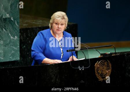 190928 -- NAZIONI UNITE, 28 settembre 2019 -- il primo ministro norvegese Erna Solberg affronta il dibattito generale della 74a sessione dell'Assemblea generale delle Nazioni Unite presso la sede delle Nazioni Unite a New York, 27 settembre 2019. ASSEMBLEA GENERALE delle Nazioni Unite - DIBATTITO GENERALE LixMuzi PUBLICATIONxNOTxINxCHN Foto Stock