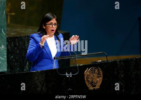 190928 -- NAZIONI UNITE, 28 settembre 2019 -- il vicepresidente venezuelano Delcy Rodriguez affronta il dibattito generale della 74a sessione dell'Assemblea generale delle Nazioni Unite presso la sede delle Nazioni Unite a New York, 27 settembre 2019. ASSEMBLEA GENERALE delle Nazioni Unite - DIBATTITO GENERALE LixMuzi PUBLICATIONxNOTxINxCHN Foto Stock