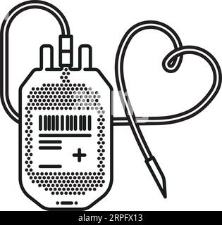 Sacca di sangue riempita con l'icona della linea vettoriale del tubo a forma di cuore per la giornata mondiale del donatore di sangue del 14 giugno Illustrazione Vettoriale