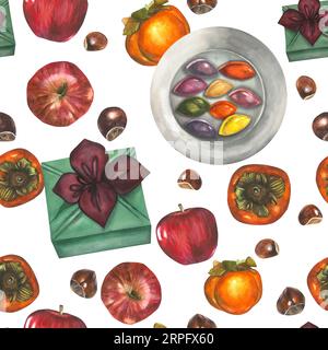 Illustrazioni ad acquerello per la tradizionale festa coreana Chuseok - regalo, piatto songpyeon, mele, cachi, castagno. Motivi ad acquerello disegnati a mano Foto Stock