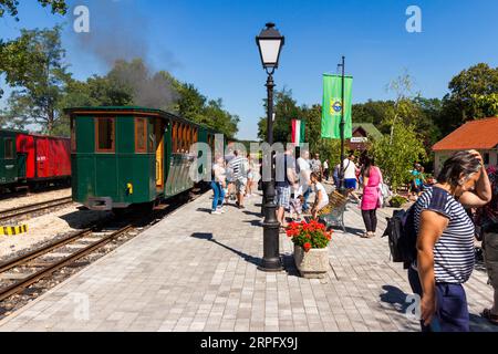 Nagycenki Szechenyi Muzeumvasut ferrovia a scartamento ridotto da 760 mm (2 ft 6 in). Treno passeggeri trainato dalla locomotiva a vapore "Andras", Nagycenk, Ungheria Foto Stock