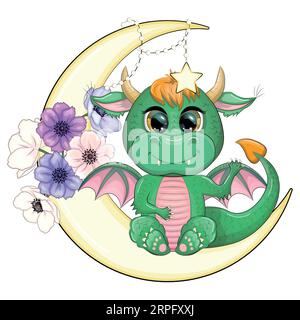 Un grazioso drago verde dei cartoni animati si siede sulla luna. Calendario cinese dell'anno 2024 Illustrazione Vettoriale