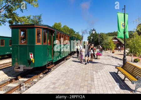 Nagycenki Szechenyi Muzeumvasut ferrovia a scartamento ridotto da 760 mm (2 ft 6 in). Treno passeggeri trainato dalla locomotiva a vapore "Andras", Nagycenk, Ungheria Foto Stock