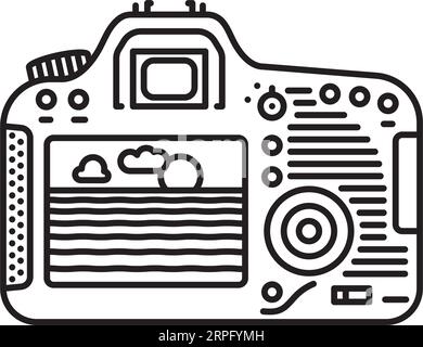 Vista posteriore della fotocamera reflex digitale con tramonto nel mirino digitale icona della linea vettoriale per la giornata mondiale della fotografia naturalistica del 15 giugno Illustrazione Vettoriale