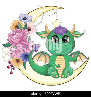 Un grazioso drago verde dei cartoni animati si siede sulla luna. Calendario cinese dell'anno 2024 Illustrazione Vettoriale