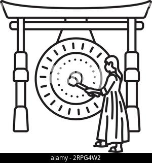 Donna asiatica che batte l'icona della linea vettoriale del gong per il giorno del Gong il 21 giugno Illustrazione Vettoriale