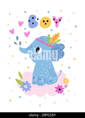 Carta per elefanti infantili. Baby shower. Bambino animale. Invito di compleanno. Banner natalizio. Adorabile mammifero appena nato. Fiori e cuori. Nascita dei bambini Illustrazione Vettoriale