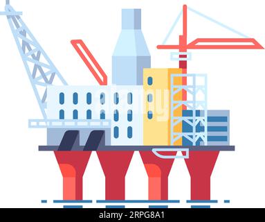 Industria petrolifera. Piattaforma marina. Produzione di benzina. Carro industriale e derrick. Pozzo di benzina di mare. Attrezzature per perforazione e miniere oceaniche Illustrazione Vettoriale