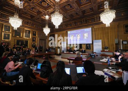 191014 -- STOCCOLMA, 14 ottobre 2019 -- foto scattata il 14 ottobre 2019 mostra l'annuncio dei vincitori del Premio Nobel per l'economia 2019 presso la Royal Swedish Academy of Sciences di Stoccolma, Svezia. Il Premio Nobel per l'economia 2019 è stato assegnato ad Abhijit Banerjee, Esther Duflo e Michael Kremer per il loro approccio sperimentale per alleviare la povertà globale, annunciato lunedì dalla Royal Swedish Academy of Sciences. SVEZIA-STOCCOLMA-NOBEL-ECONOMIA ZhengxHuansong PUBLICATIONxNOTxINxCHN Foto Stock