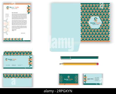 set di cancelleria da ufficio con design vettoriale bianco e ruggine verde con carta a forma di busta per appunti, usb, pennarelli con clip per carta Illustrazione Vettoriale