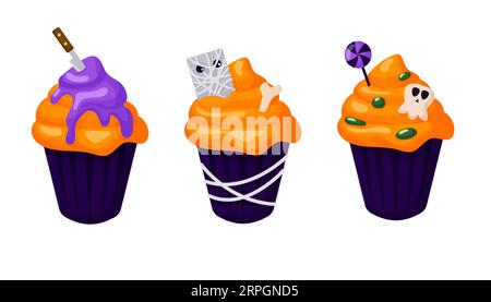 Cupcake felici di Halloween in stile cartoni animati. Muffin decorati con brividi, dolci spaventosi. Illustrazione vettoriale isolata su sfondo bianco. Illustrazione Vettoriale