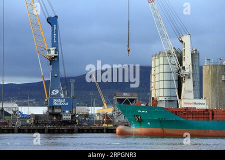 191019 -- BELFAST, 19 ottobre 2019 -- Una nave arriva nel porto di Belfast nell'Irlanda del Nord, nel Regno Unito, il 18 ottobre 2019. Giovedì il DUP del Partito Unionista Democratico nordirlandese ha respinto il progetto Brexit del primo Ministro Boris Johnson, nonostante fosse stato solo concordato con l'Unione europea, rendendo difficile l'approvazione del parlamento britannico. Foto di Paul McErlane/Xinhua UK-BELFAST-BREXIT DEAL HanxYan PUBLICATIONxNOTxINxCHN Foto Stock