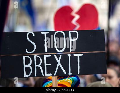 191019 -- LONDRA, 19 ottobre 2019 -- Un cartello è visto durante l'evento Together for the Final Say al Parliament Square di Londra, in Gran Bretagna, il 19 ottobre 2019. Sabato decine di migliaia di persone hanno marciato nel centro di Londra per chiedere un'ultima parola sulla partenza della Gran Bretagna dall'Unione europea. BRITAIN-LONDON-BREXIT-MARCH HanxYan PUBLICATIONxNOTxINxCHN Foto Stock