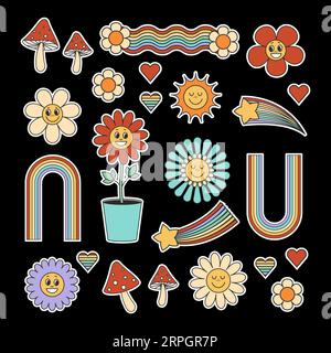 Ricco set di adesivi con elementi retrò e personaggi, fiori vintage sorridenti, funghi, sole, arcobaleno. Illustrazione vettoriale su nero Illustrazione Vettoriale