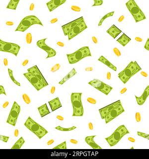 Modello perfetto con pacchetti di denaro e monete. Background finanziario, elementi volanti su sfondo bianco. Tessuto decorativo, carta da rivestimento, carta da parati Illustrazione Vettoriale