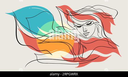 Illustrazione astratta moderna di un volto femminile con linee colorate e linee continue Illustrazione Vettoriale