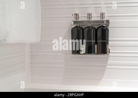 Parete bianca della doccia dell'hotel con bottiglie di detergente per il corpo, sapone liquido, balsamo per capelli e shampoo in un dispenser cromato con un asciugamano (servizi dell'hotel). Foto Stock