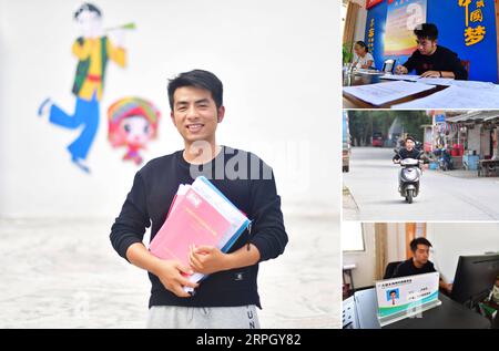 191024 -- RONG AN, 24 ottobre 2019 -- la foto combinata mostra il 26enne Lu Rongping, un collezionista di dati per la riduzione della povertà, che posa per un'immagine principale nel layout e Lu che svolge i suoi compiti immagini più piccole nella colonna di destra, nel villaggio di Gangwei di Dapo Township, nella contea di Rong An, nella regione autonoma di Guangxi Zhuang nel sud-ovest della Cina, 21 ottobre 2019. Lu si unì all'esercito dopo la laurea dal college nel 2015. Quando si ritirò dai ranghi nel 2017, decise di lavorare nell'ambito di programmi di riduzione della povertà nella sua città natale. Circondato da un'area montuosa dove la desertificazione rocciosa ha la sua influenza, Rong a Foto Stock