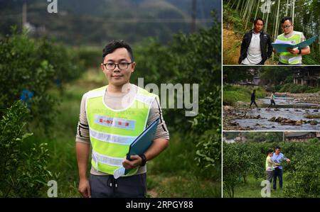 191024 -- RONG AN, 24 ottobre 2019 -- la foto combinata mostra il 27enne Zhang Qing che posa per un quadro nel villaggio si An, dove lavora come l'immagine principale del partito nel layout e Zhang svolge i suoi compiti nel villaggio si An immagini più piccole nella colonna di destra, nella Banlan Township della contea di Rong An, regione autonoma Guangxi Zhuang della Cina sud-occidentale, 20 ottobre 2019. È passato più di un anno da quando Zhang è venuto a lavorare nel villaggio si An. Lui e i suoi collaboratori hanno aiutato 100 famiglie del villaggio a liberarsi della povertà piantando kumquat e alberi di cedro. Orlato in una zona montuosa dove ston Foto Stock