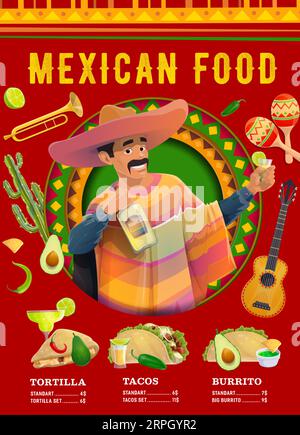 Poster con menu di cucina messicana. Banner promozionale Vector Restaurant con carattere maschile mariachi che contiene una bottiglia di tequila e un bicchiere con lime su sfondo con tortilla, tacos e burritos Illustrazione Vettoriale