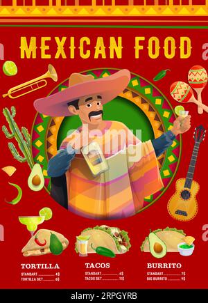 Poster con menu di cucina messicana. Banner promozionale Vector Restaurant con carattere maschile mariachi che contiene una bottiglia di tequila e un bicchiere con lime su sfondo con tortilla, tacos e burritos Illustrazione Vettoriale