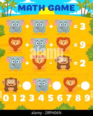 Foglio di lavoro del gioco matematico dei personaggi dei cartoni animati, degli elefanti e delle scimmie. Enigma vettoriale per l'apprendimento della matematica e dei calcoli per i bambini. Formazione in scienze aritmetiche e compiti di equazione compito puzzle Illustrazione Vettoriale