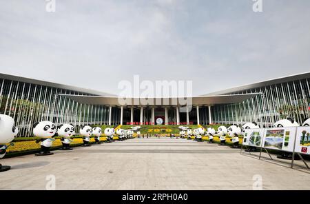 191025 -- SHANGHAI, 25 ottobre 2019 -- sono in corso lavori di decorazione per la piazza sud del National Exhibition and Convention Center a Shanghai, Cina orientale, 25 ottobre 2019. Lavoratori e volontari stanno preparando il prossimo 2° China International Import Expo CIIE. CHINA-SHANGHAI-IMPORT EXPO-PREPARATION CN FANGXZHE PUBLICATIONXNOTXINXCHN Foto Stock