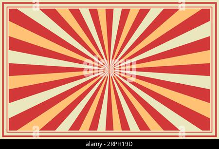 Sfondo rétro da circo o carnevale, raggi del sole, disposizione a raffica vintage con bordi della cornice a righe. Pattern vettoriale di linee radiali rosse, bianche e beige con texture grunge, circo, sfondo carnevale Illustrazione Vettoriale