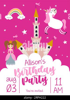 Happy Birthday Party - divertente biglietto d'invito vettoriale con disegno del castello. Poster con lettere o grafica in tessuto per maglietta. Pronto per la stampa. prefabbricato b Illustrazione Vettoriale