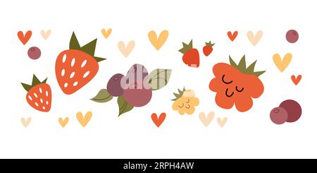 Adesivi di raccolta bacche piatti. Set vettoriale disegnato a mano. Illustrazione della botanica di frutta. Foresta di fragole e lamponi isolati su sfondo bianco. Illustrazione Vettoriale