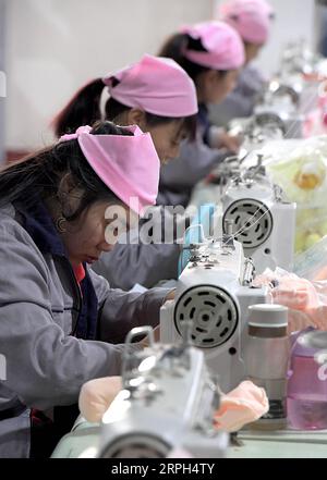 191030 -- LUONING, 30 ottobre 2019 -- i lavoratori cucono giocattoli in una fabbrica di peluche nella contea di Luoning, nella provincia di Henan, nella Cina centrale, 29 ottobre 2019. Negli ultimi anni, il governo della contea di Luoning ha rafforzato gli sforzi per alleviare la povertà aumentando gli investimenti e sviluppando diverse industrie di piantagione e allevamento animale. Le aziende partecipano anche a lavori di soccorso alla povertà offrendo opportunità di lavoro alle persone impoverite nei workshop. CHINA-HENAN-LUONING-RIDUZIONE DELLA POVERTÀ CN LIXAN PUBLICATIONXNOTXINXCHN Foto Stock