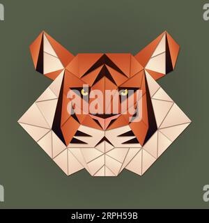 Tigre. Illustrazione vettoriale in stile origami. Design a basso poli. Il simbolo di Capodanno del 2034. Testa tigre per striscione, poster in stile geometrico tagliato su carta. Illustrazione Vettoriale