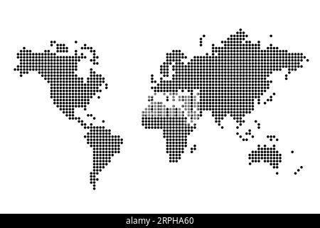 Mappa del mondo in stile punteggiato. Mappa del mondo vettoriale isolata dal design semplice e piatto. Nero su bianco. Illustrazione Vettoriale
