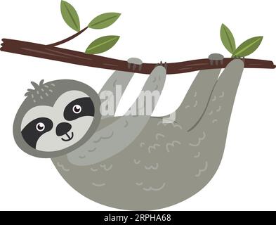 Bradipo appeso al ramo dell'albero. Carattere animale tropicale Illustrazione Vettoriale